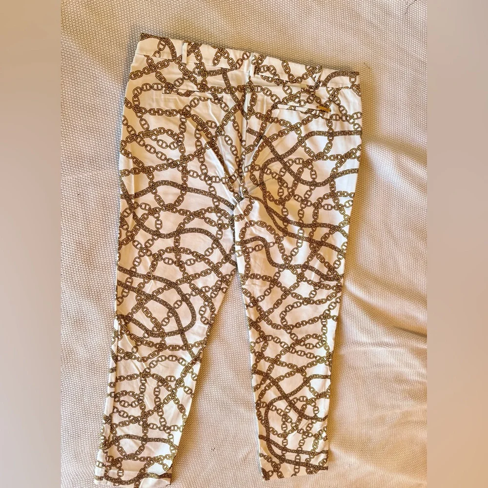 MICHAEL KORS Stretchy White & Gold Chain Print Skinny Pants